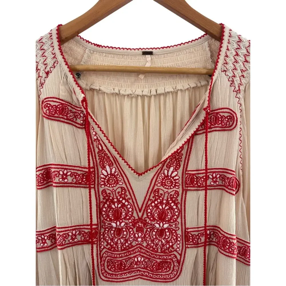 Free People Wind Willow Embroidered Boho Mini Peasant Tassel Indie Dress Size S